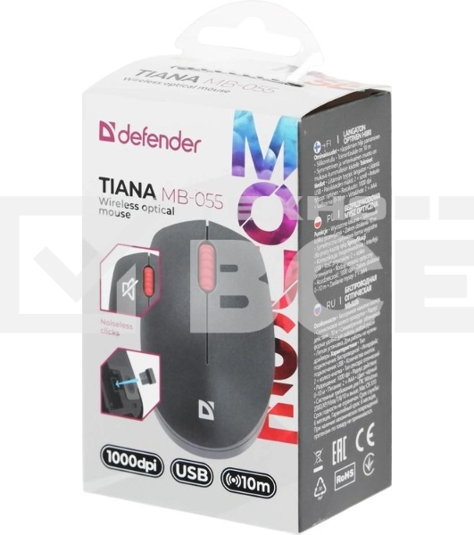 Мышь беспроводная Defender Tiana MB-055 черный, 1000 dpi, радиоканал, USB, кнопки - 3
