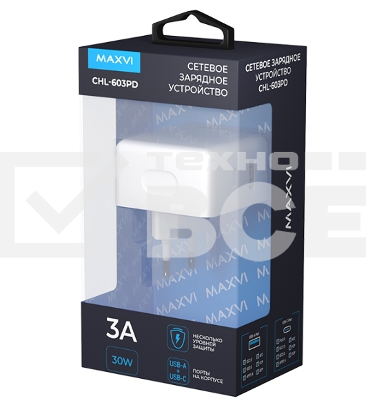 Сетевое зарядное устройство Maxvi CHL-603PD Type-C\USB 30W 6A (3A+3A) PD QC3.0, белый