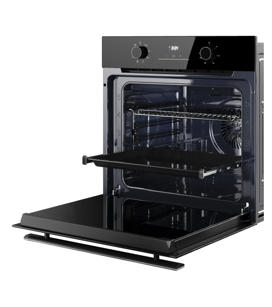 Духовой шкаф Kuppersberg HO 608 Black Glass, High-Tech, 78 л, поворотное управление, дисплей, таймер, 8 режимов, макс. температура 310 градусов, телескопические направляющие (на 1 уровень), цвет черный, цвет фурнитуры черный