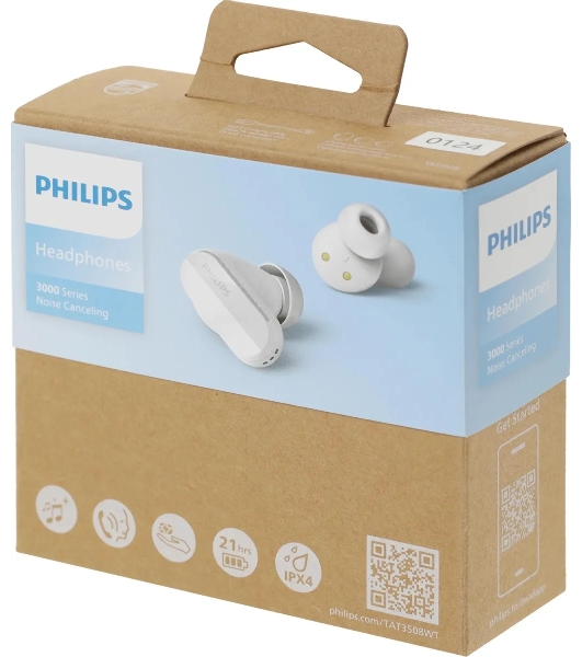 Наушники TWS Philips TAT3508WT/00 белый, внутриканальные, Bluetooth, активное шумоподавление, до 21 ч