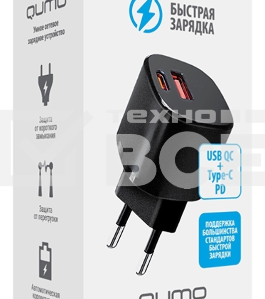 СЗУ Qumo Energy GaN Mini PD 30W (Charger 0072), два порта: Type-C PD + USB-A QC3.0, черный