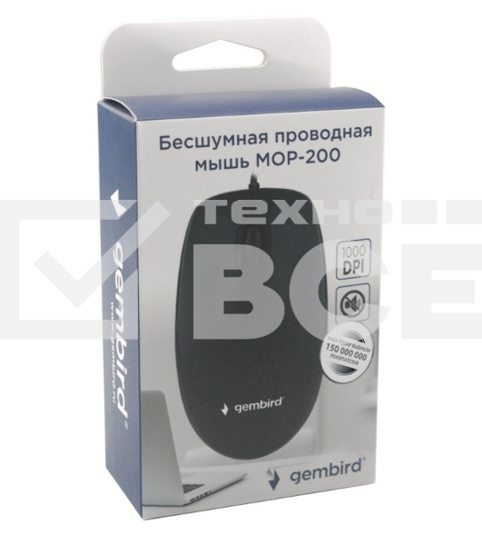 Мышь проводная Gembird MOP-200 черный, 1000 dpi, USB, кнопки - 3