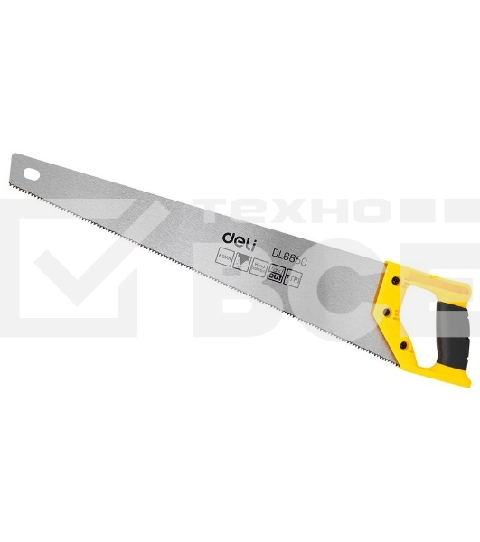 Ножовка по дереву Deli DL6850 500мм Материал: 65Mn. Термообработанная поверхность. Зубья пилы: 7 TPI. Шлифовка зубов с 2-х сторон. Литая ручка из двухкомпонентного противоударного пластика.