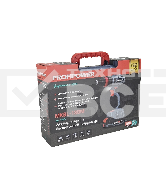 Аккумуляторный бесщеточный шуруповерт ProfiPower MKBL-18BM (Li-ion-2шт, 18В-2.0А·ч, съемный патрон, З/У, 0,8-10мм, кейс)