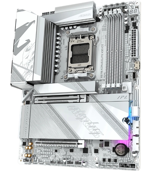 Материнская плата Gigabyte X870 AORUS ELITE X3D ICE, AM5, AMD X870, 4xDDR5, 2xSATA, 4xM.2, 1xPCIe 5.0 x16, 1xPCIe 4.0 x16, 1xHDMI, 1x5Gb LAN, Wi-Fi 7, Bluetooth 5.4, 2xUSB-C 40Gbps (USB4), 1xUSB-C 10Gbps, 2xUSB-A 10Gbps, 4xUSB-A 5Gbps, 1xUSB-A 2.0, 3x3.5 мм + S/PDIF оптический, 7.1, ATX