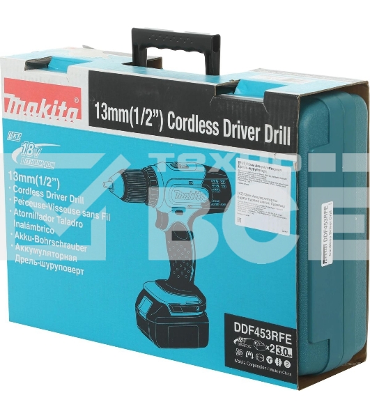 Дрель-шуруповерт аккумуляторная Makita DDF453RFE, Аккумуляторная, 18В, 2 АКБ, Кейс