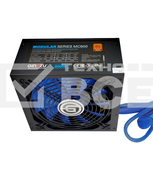Блок питания Ginzzu MC600, 600Вт, 80 PLUS Bronze, 140мм, модульный, черный