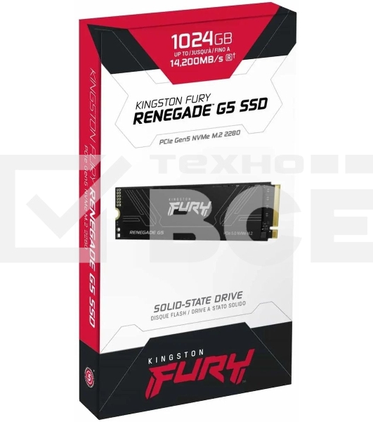 Твердотельный накопитель Kingston SSD Fury Renegade, 1024GB, M.2(22x80mm), NVMe, PCIe 5.0 x4, 3D TLC, R/W 14200/11000MB/s, IOPs 2 200 000/2 150 000, TBW 1000, DWPD 0.5 (12 мес)