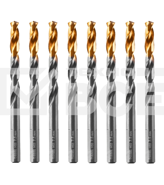 Сверло по металлу Denzel 7,5 мм, HSS-Tin, Golden Tip, 8 шт.
