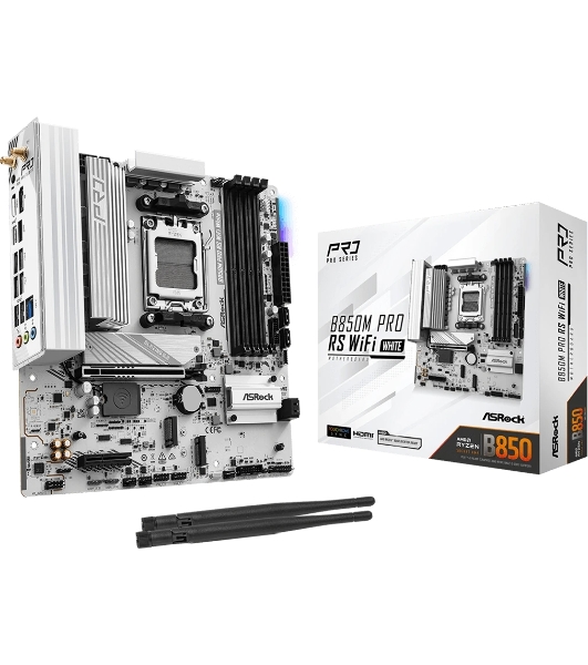 Материнская плата ASRock B850M Pro RS WiFi White, AM5, AMD B850, 4xDDR5, 4xSATA, 3xM.2, 1xPCIe 5.0 x16, 1xPCIe 4.0 x4, 1xHDMI, 1xDP, 1x2.5Gb LAN, Wi-Fi 6E, Bluetooth 5.3, 1xUSB-C 10Gbps, 1xUSB-A 10Gbps, 2xUSB-A 5Gbps, 4xUSB-A 2.0, 3x3.5 мм, 7.1, mATX