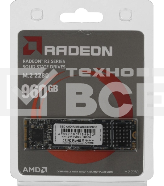 Накопитель SSD AMD Radeon R3MS0960G8, 960Gb, M.2 2280, SATA, R/W 550/500