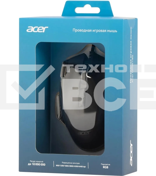 Мышь проводная Acer OMW180 черный, 6400 dpi, USB, кнопки - 9