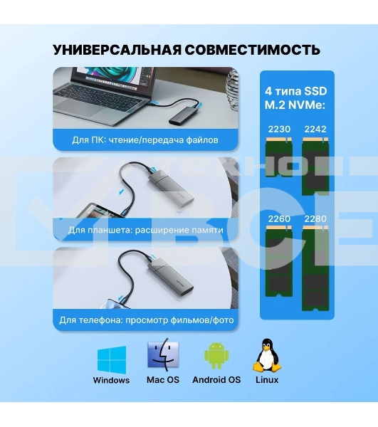 Корпус для SSD Vention USB 3.1 Gen 2-C M.2 NGFF (B-Key/B&M Key) Серый
