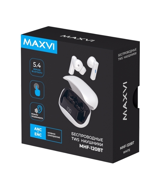 Беспроводные наушники Maxvi MHF-120BT белые TWS\LCD\Sensor\200мАч\5.4\кабель Type-C
