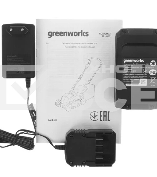 Газонокосилка аккумуляторная GreenWorks GD24LM33k2, 24v, 33 см, 1хАКБ 2Ач и ЗУ (2516107UA)