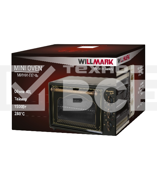 Мини-печь Willmark WOF-405BLR (40л,эмал.внутр.поверх,лампа,таймер, ретро черн., 1400Вт)