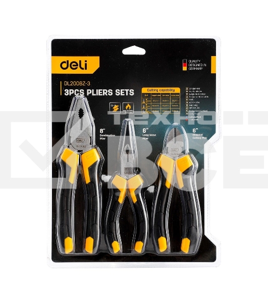 Набор плоскогубцев Deli DL2008Z-3 8-дюймовые комбинированные плоскогубцы, 6-дюймовые длинногубцы, 6-дюймовые диагональные плоскогубцы. Высокоуглеродистая сталь. Двухкомпонентная ручка