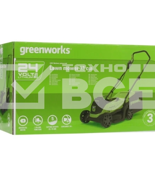 Газонокосилка аккумуляторная GreenWorks GD24LM33k2, 24v, 33 см, 1хАКБ 2Ач и ЗУ (2516107UA)
