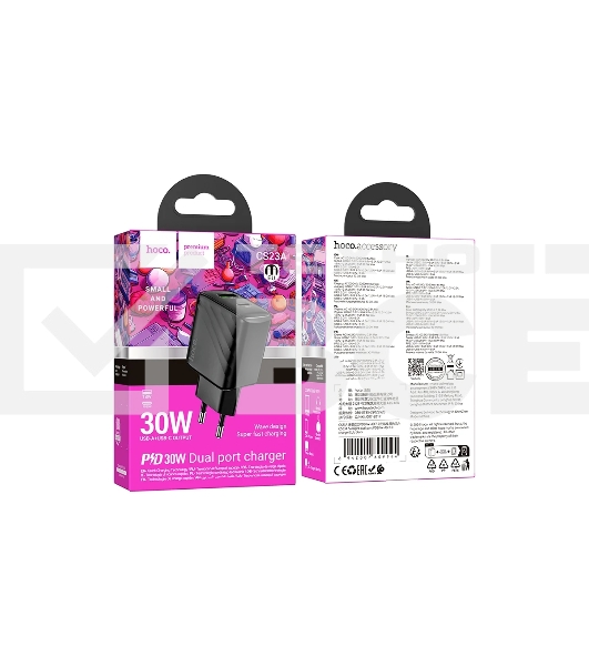 Сетевое зарядное устройство Hoco 30Вт, 3А, QC3.0/PD, 1хUSB, 1хType-C, CS23A, черный, коробка