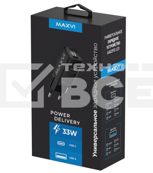 Сетевое зарядное устройство Maxvi A402PD LED 33W, 1xUSB-A, 1xUSB-C, черный