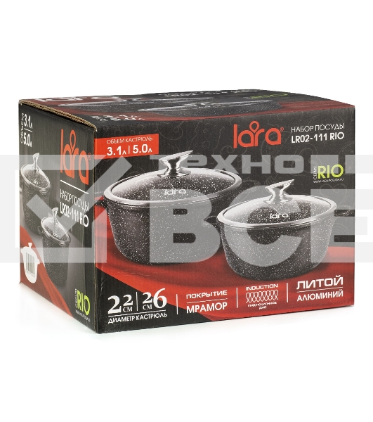 Набор посуды Lara LR02-111 Rio литой алюминий, мрамор, 3,1 л, 5,0 л, 22 см, 26 см, стеклянные крышки