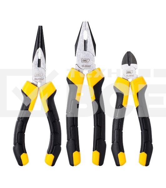 Набор плоскогубцев Deli DL2008Z-3 8-дюймовые комбинированные плоскогубцы, 6-дюймовые длинногубцы, 6-дюймовые диагональные плоскогубцы. Высокоуглеродистая сталь. Двухкомпонентная ручка
