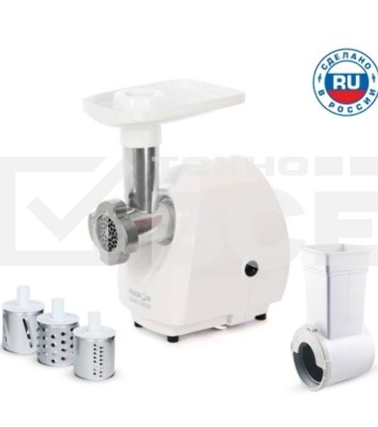 Мясорубка электрическая Аксион М25.03 белый, 1500 Вт, 1.7 кг/мин, защита от перегрузки, насадки - 5