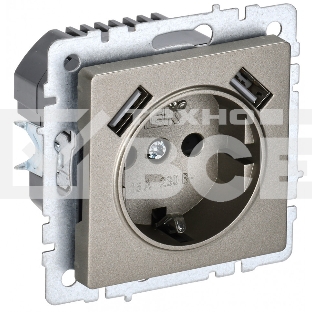 Розетка 1-местная IEK BRITE РЮш10-2-БрШ (BR-R14-16-U21-D31-K37) с заземлением, с защитными шторками, 16А, с USB A+A 5В 3,1А, шампань