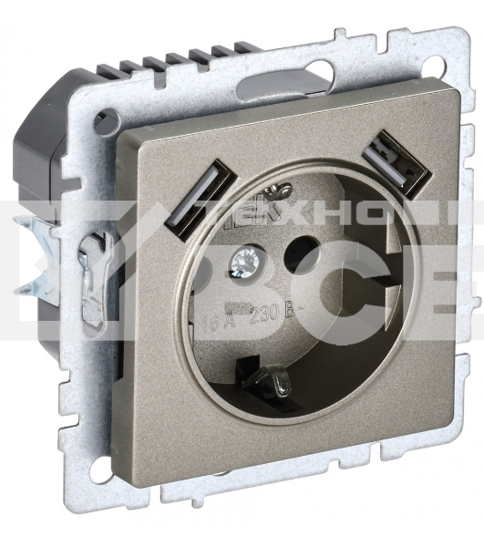 Розетка 1-местная IEK BRITE РЮш10-2-БрШ (BR-R14-16-U21-D31-K37) с заземлением, с защитными шторками, 16А, с USB A+A 5В 3,1А, шампань