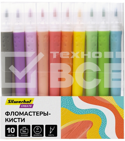 Фломастеры Silwerhof Create 13мм 146мм кисть, вентилируемый колпачок, 10 цветов, пакет с европодвесом