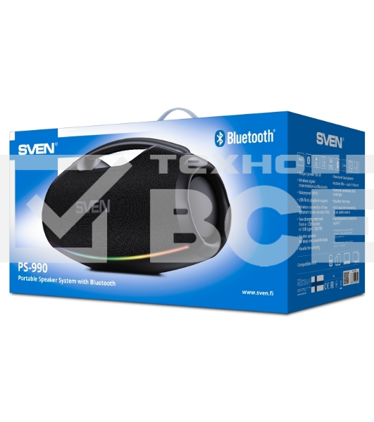 Портативная акустическая система SVEN PS-990, черный, 2.0, 2x90 Вт (RMS), IPx7, TWS, Bluetooth, USB, аккумулятор