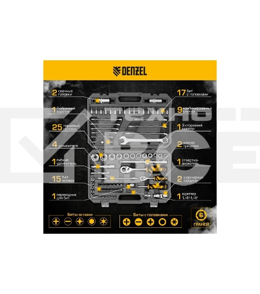 Набор инструментов Denzel 1/2', 1/4', CrV, S2, пластиковый кейс, 82 предмета