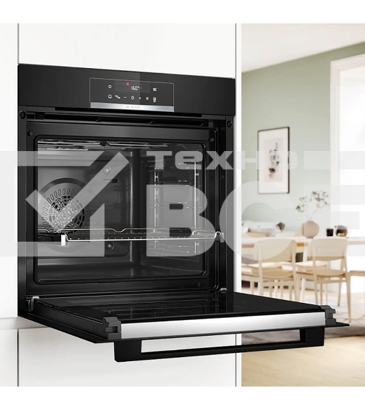 Встраиваемый духовой шкаф с добавлением пара Bosch HQG572EB3 Serie 4, Auto Pilot 15, объем 71 л , 9 режимов нагрева, 3D Hotair, Soft move door,телескопические направляющие 1уровень,гидролиз и пиролиз, сенсорное управление, черный+профиль из нержавеющей стали