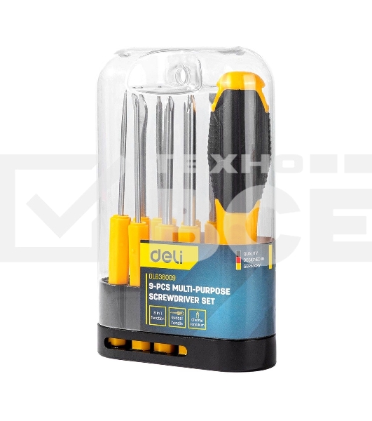 Многофункциональная отвертка 8-в-1 Deli DL636009 1шт ручка, 3 бита Phillips: PH0, PH1, PH2, 3 насадки с прорезями: 3 мм, 5 мм, 6 мм,2 специальные биты: точечные, Y-образные. Материал хвостовика: Cr-V.