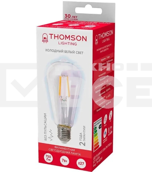 Лампа светодиодная филаментная Thomson TH-B2341 E27, эдисон, 7Вт, 6500К, белый холодный, 1 шт.