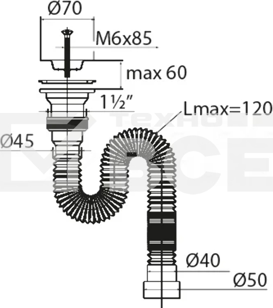 Сифон МИНИ ЭЛИТ гофрированный с нержавеющей чашкой D70 мм удлинённый L1200 мм 1'1/2 - D40/50