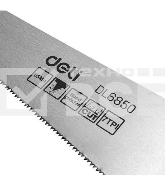 Ножовка по дереву Deli DL6850 500мм Материал: 65Mn. Термообработанная поверхность. Зубья пилы: 7 TPI. Шлифовка зубов с 2-х сторон. Литая ручка из двухкомпонентного противоударного пластика.