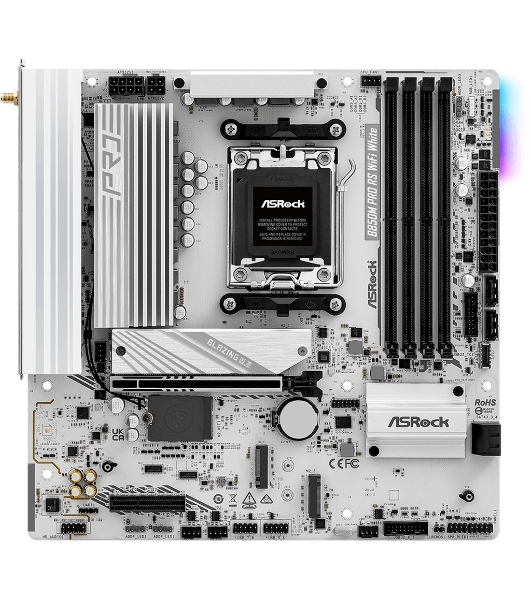 Материнская плата ASRock B850M Pro RS WiFi White, AM5, AMD B850, 4xDDR5, 4xSATA, 3xM.2, 1xPCIe 5.0 x16, 1xPCIe 4.0 x4, 1xHDMI, 1xDP, 1x2.5Gb LAN, Wi-Fi 6E, Bluetooth 5.3, 1xUSB-C 10Gbps, 1xUSB-A 10Gbps, 2xUSB-A 5Gbps, 4xUSB-A 2.0, 3x3.5 мм, 7.1, mATX