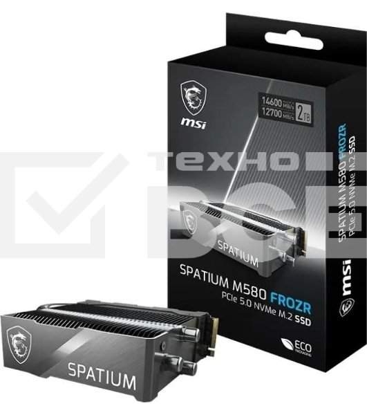 Накопитель SSD MSI 2Tb SPATIUM M580 M.2(22x80mm), NVMe, PCIe 5.0 x4, 3D TLC, R/W 14600/12700, IOPs -/-, DRAM buffer 4096, TBW 1400, DWPD 0.33, with Heat Spreader