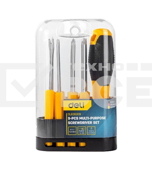 Многофункциональная отвертка 8-в-1 Deli DL636009 1шт ручка, 3 бита Phillips: PH0, PH1, PH2, 3 насадки с прорезями: 3 мм, 5 мм, 6 мм,2 специальные биты: точечные, Y-образные. Материал хвостовика: Cr-V.