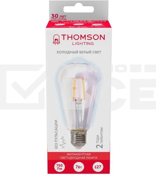 Лампа светодиодная филаментная Thomson TH-B2341 E27, эдисон, 7Вт, 6500К, белый холодный, 1 шт.