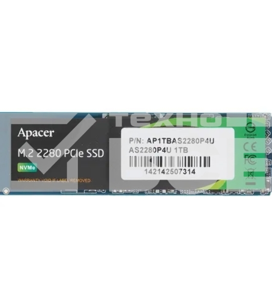 Накопитель SSD Apacer AS2280P4U, 1Tb, M.2 2280, PCIe 3.0 x4, NVMe, R/W 3500/3000