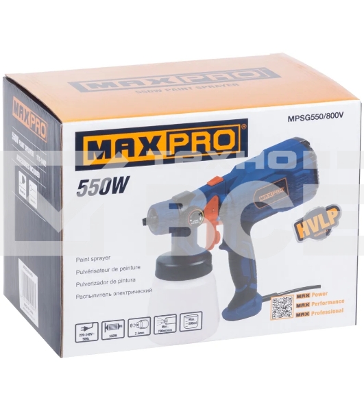 Распылитель электрический MAX-PRO MPSG550/800V 550 Вт, 2,5 мм, 800 мл, 60 din/сек, 700 мл/мин, 1,3 кг, HVLP, коробка