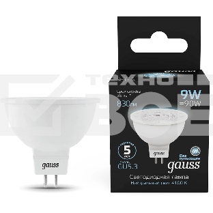 Лампа светодиодная Gauss 101505209 9Вт цок.:GU5.3 рефлек. 150B св.свеч.бел.нейт. MR16 (упак.:10шт)
