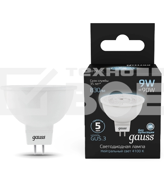 Лампа светодиодная Gauss 101505209 9Вт цок.:GU5.3 рефлек. 150B св.свеч.бел.нейт. MR16 (упак.:10шт)