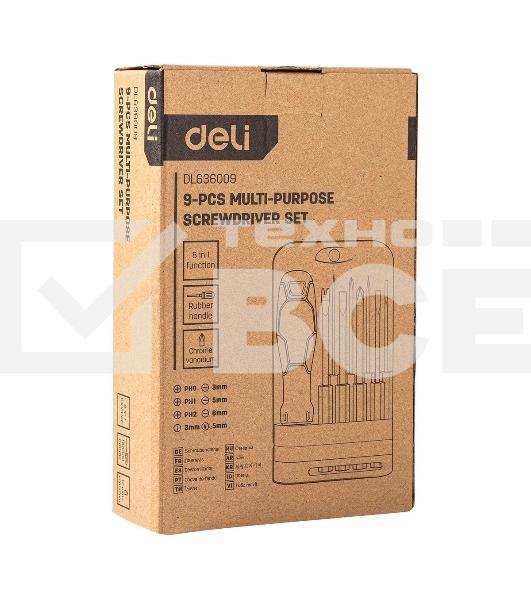 Многофункциональная отвертка 8-в-1 Deli DL636009 1шт ручка, 3 бита Phillips: PH0, PH1, PH2, 3 насадки с прорезями: 3 мм, 5 мм, 6 мм,2 специальные биты: точечные, Y-образные. Материал хвостовика: Cr-V.