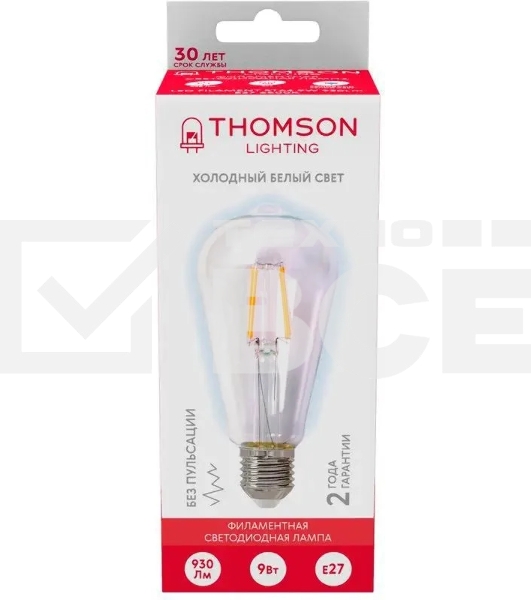 Лампа светодиодная филаментная Thomson TH-B2342 E27, эдисон, 9Вт, 6500К, белый холодный, 1 шт.