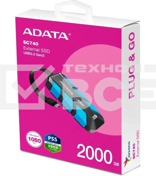 Внешний SSD ADATA SC740, 2TB, USB 3.2 Gen 2 Type-C, R/W 1050/1000, синий
