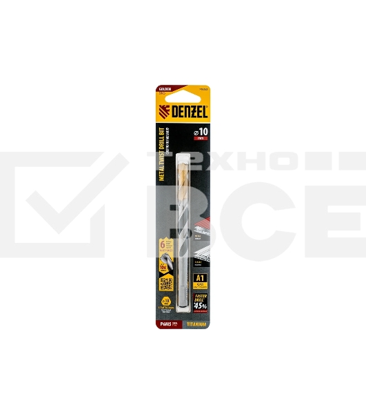 Сверло спиральное по металлу Denzel 10 x 133мм, Р6М5, Golden Tip, многогранная заточка