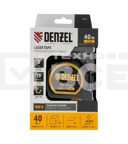 Лазерный дальномер с рулеткой Denzel LT-40, 5м x 19 мм, дальномер 40м, автомат. фиксация